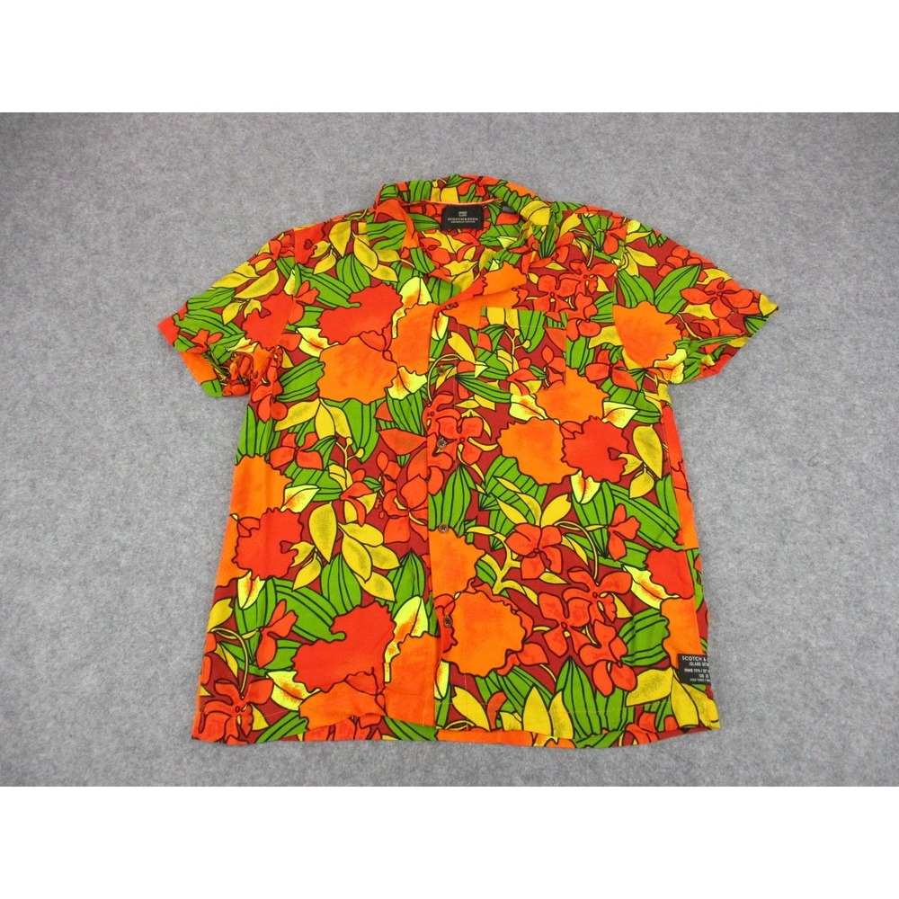 Scotch & Soda Mens Medium Orange Yellow Floral Hawaiian Button Up Shirt Viscose